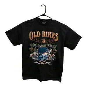 VTG 90s 3D Emblem Old Bikes & Good Whiskey T Shirt Black Large Harley Davidson